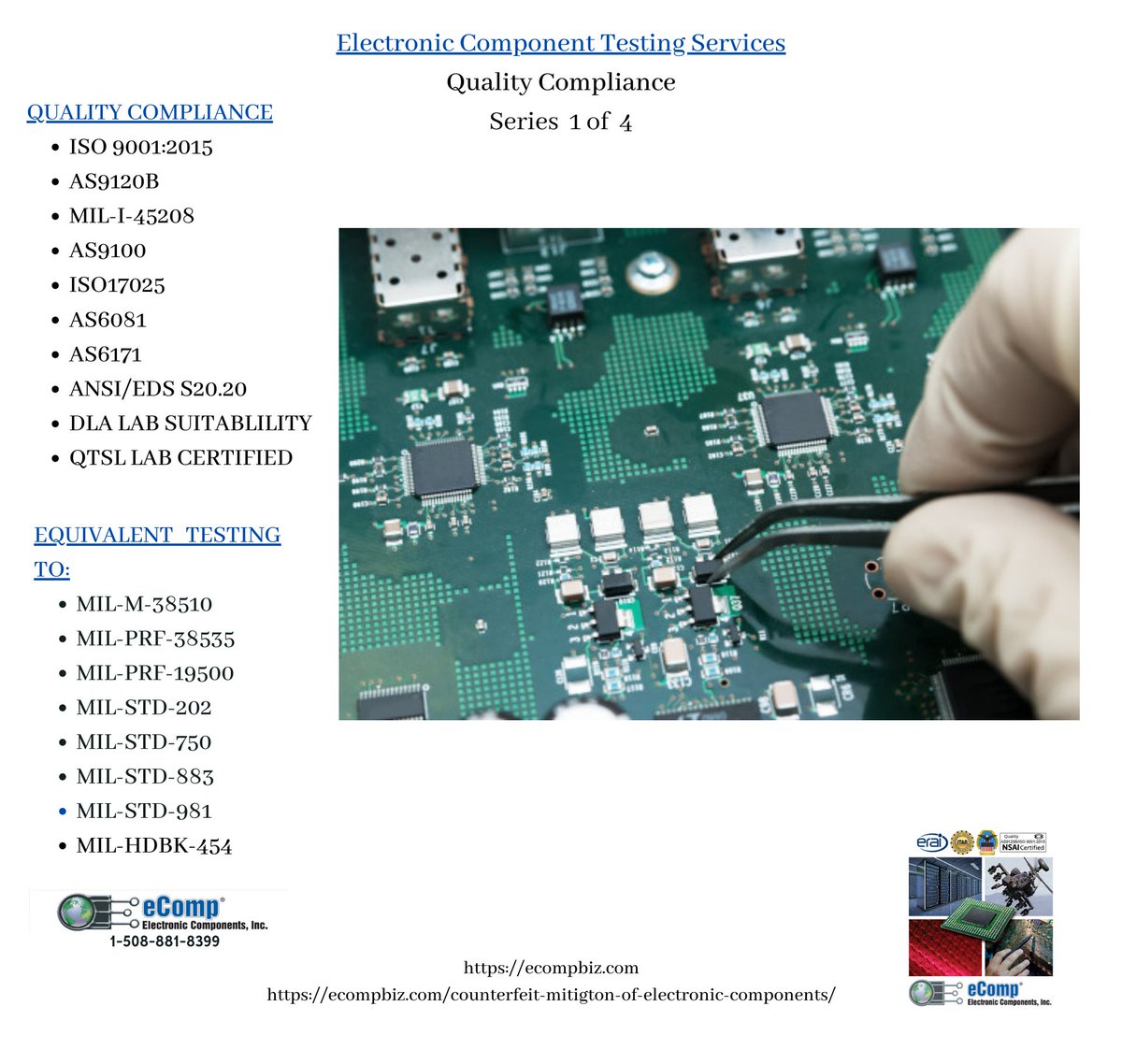 e_componentsinc's tweet image. Electronic Component Testing Services - Quality Compliance - Series 1 of 4
Contact eComp at 508-881-8399 or info@ecompbiz.com to find out more... ecompbiz.com 
#eComp #semiconductors #counterfeitmitigation
“Extending the Life of Your Legacy Systems”