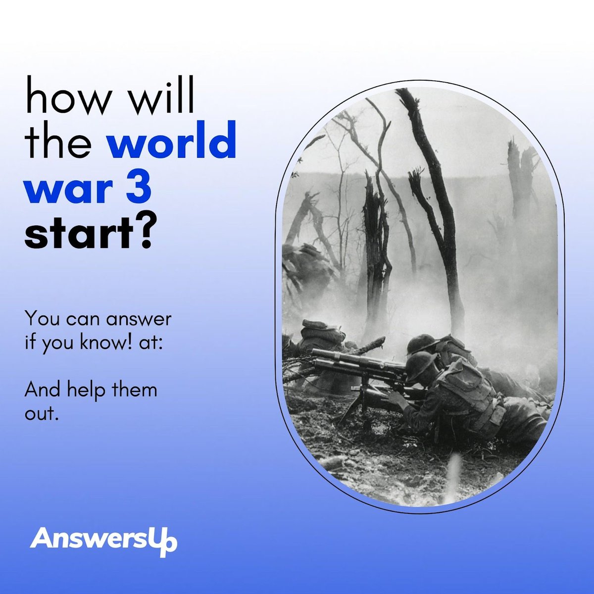 AnswersUp's tweet photo. how will the world war 3 start?

You can answer if you know! at:  https://t.co/FiW1gLm053 and help them out. 
.
#tricky #riddles #triphop #brainteasers #brainteaser #massiveattack #riddle #trick #fun #music #riddlemethis #tricks #art #mind https://t.co/udMaD5cCg0