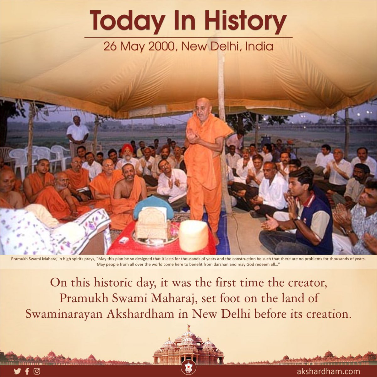26 May 2000 - #OnThisDay, the first time the creator, Pramukh Swami Maharaj, set foot on the land of Swaminarayan #Akshardham in New Delhi before its creation.

#historic #memories
#baps #psm100 #pramukhswami100