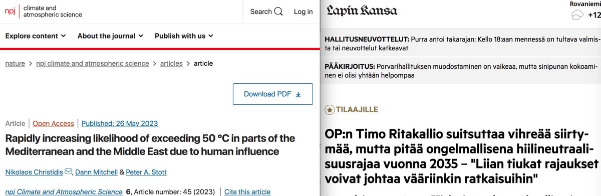 Kaksi otsikkoa tältä päivältä. Vasemmalla tutkijat Naturen sarjassa ja oikealla pankkiiri Lapin Kansassa. 

#ilmastonmuutos