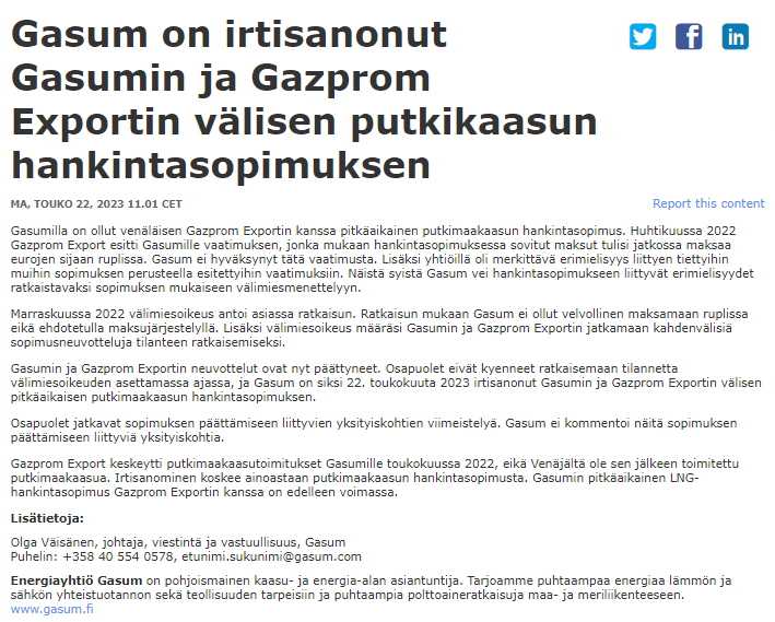 Hyvä <a href="/GasumOy/">Gasum Suomi</a> ja <a href="/OlgaVaisanen/">Olga Väisänen</a> Onko teillä suunnitelmia päättää myös Venäjän sotaa rahoittavan LNG-sopimus? Olisi jotenkin suoraselkäistä lopettaa maksut tai ainakin lykätä niitä kunnes rauha Ukrainassa on saavutettu.