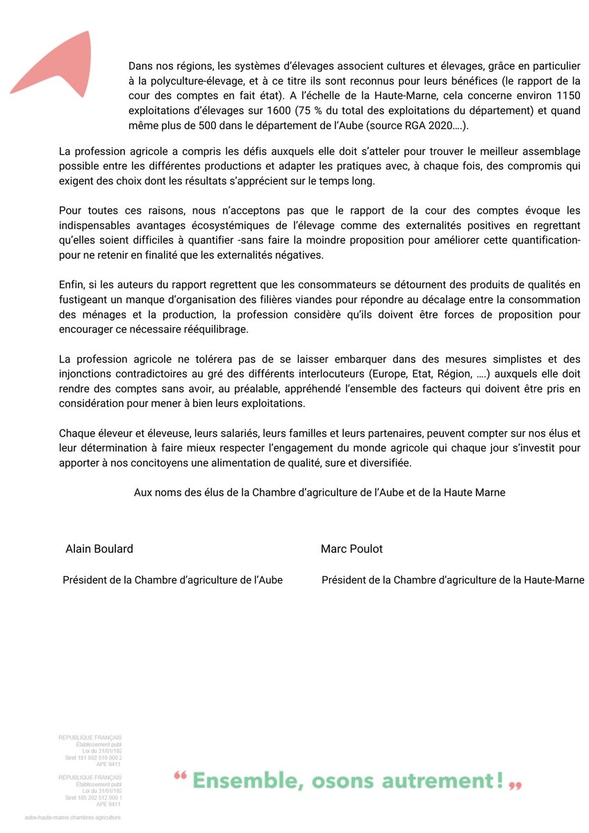 💬Les Chambres d'agriculture Aube&amp;Haute-Marne répondent à la Cours des Comptes sur la nécessité de la filière bovine, suite à la sortie du rapport "Les soutiens publics aux éleveurs de bovins" 🐄
👉 bit.ly/RéponseCA10-52