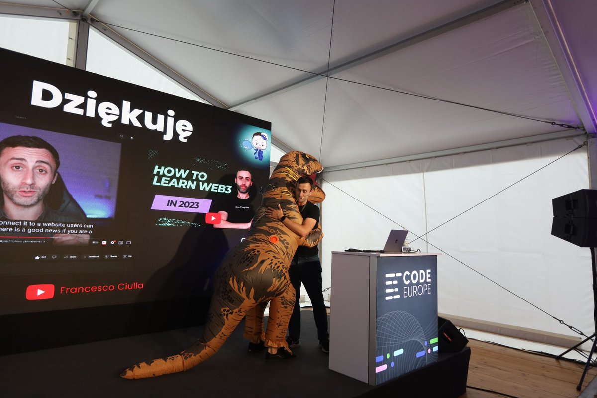 code_europe's tweet image. Cheers @FrancescoCiull4! 🙌🏻
Now we know how to learn 🌐 #Web3. 
&amp;lt;⚠️ cuteness overload in the last pic 🦖🫶🏻&amp;gt;

#CodeEurope23 #CodeEurope #blockchain #JavaScript #tech #techconference