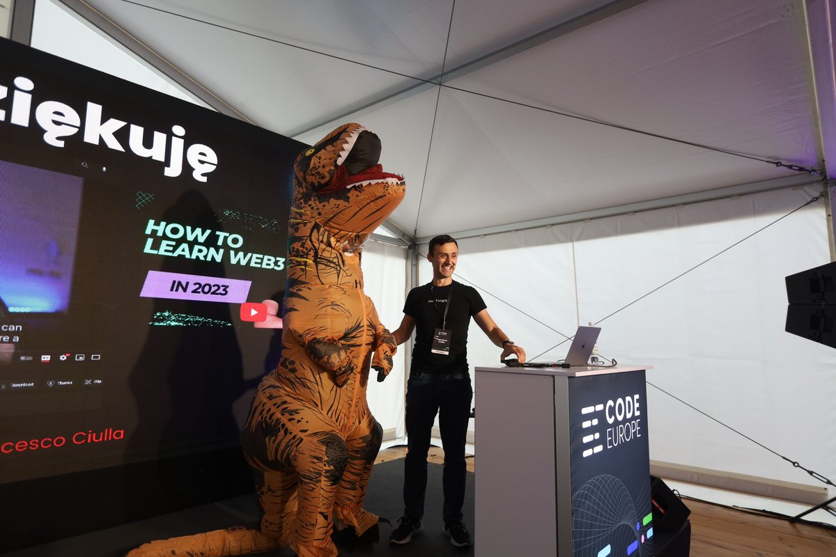 code_europe's tweet image. Cheers @FrancescoCiull4! 🙌🏻
Now we know how to learn 🌐 #Web3. 
&amp;lt;⚠️ cuteness overload in the last pic 🦖🫶🏻&amp;gt;

#CodeEurope23 #CodeEurope #blockchain #JavaScript #tech #techconference