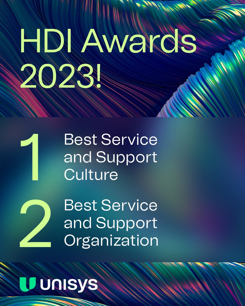 unisys's tweet photo. Exciting news! Our Digital Workplace Solutions team has been awarded 2 prestigious #HDI Awards! 🏆 Huge congrats to the DWS team: https://t.co/4EXPmQZBQR
#BreakthroughwithUnisys https://t.co/CMhcCmX7EJ