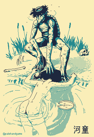 palehandgame's tweet image. As a gazed across the the surface of the clear river waters, a strong stench of fish and a deep sense of dread overtook me. 

Look! 
--On  the other side by the river shore!

The horror chilled me to my core despite the intense summer sun.

The creature...

#pixelart  #2bit