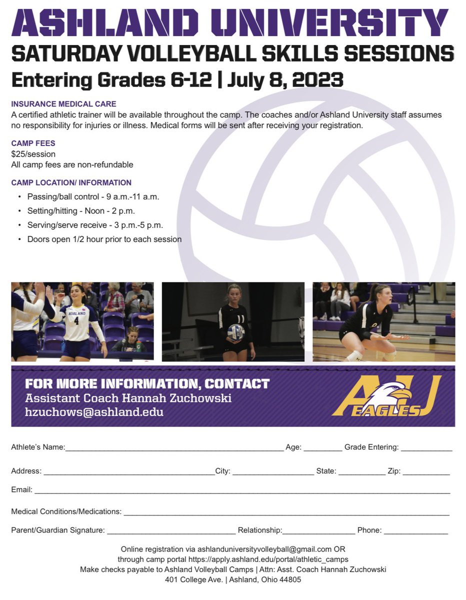 Hey Eagle Nation! Check out our camps! We would love to have you join us! Click the link below to sign up today! 

Link : apply.ashland.edu/portal/athleti…

Hope to see you there! 🦅🏐

*For any questions email us at ashlanduniversityvolleyball@gmail.com or hzuchows@ashland.edu*