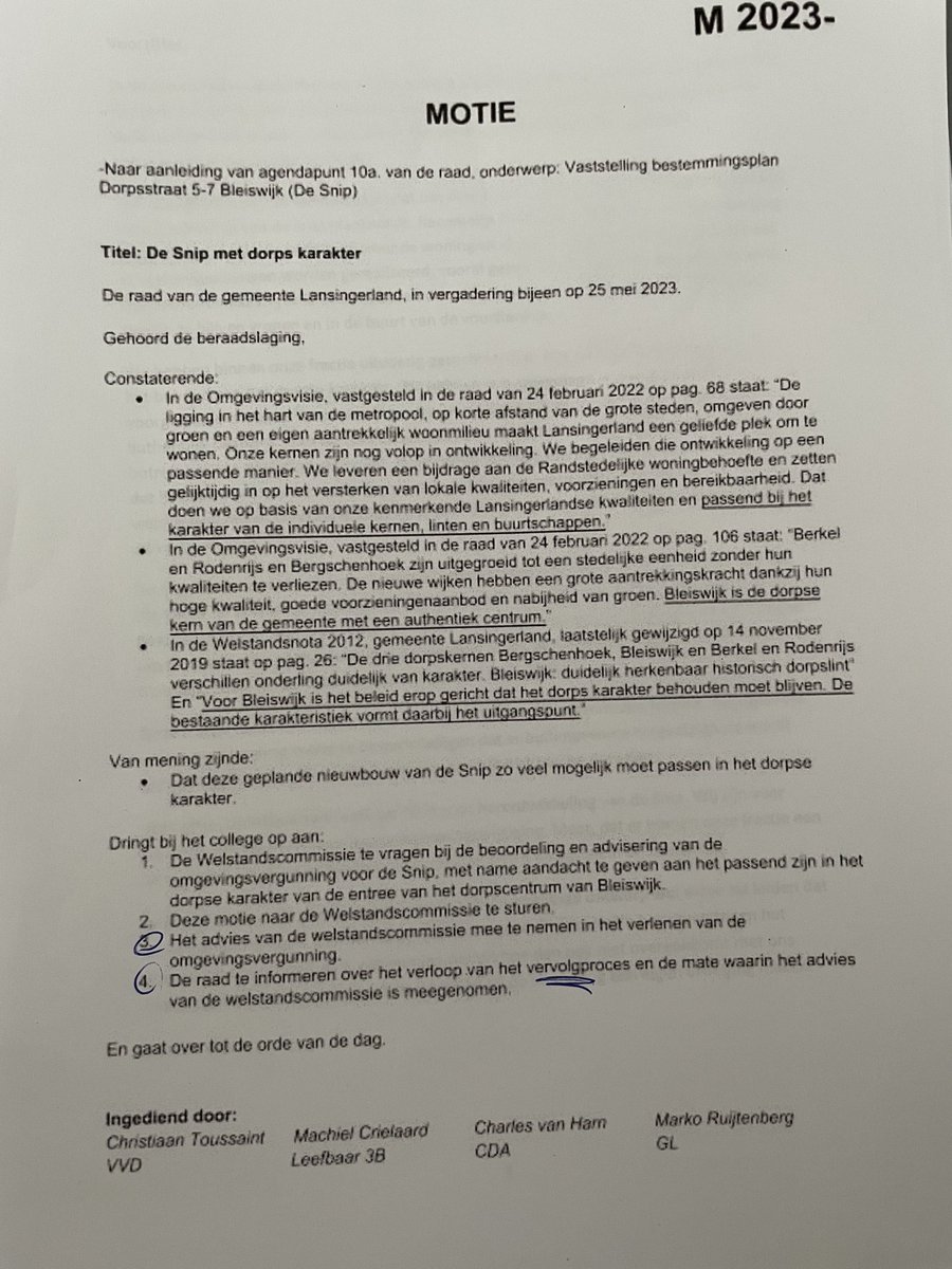 AANGENOMEN: Gister namens <a href="/Leefbaar3B/">Leefbaar 3B - Lansingerland</a> samen met collega’s van VVD, CDA en GroenLinks de motie ‘Snip met dorps karakter’ ingediend. Goed om meer woningen te realiseren en om tegelijk de welstandscommissie nog eens scherp te laten kijken of het past bij Bleiswijks dorpse karakter.