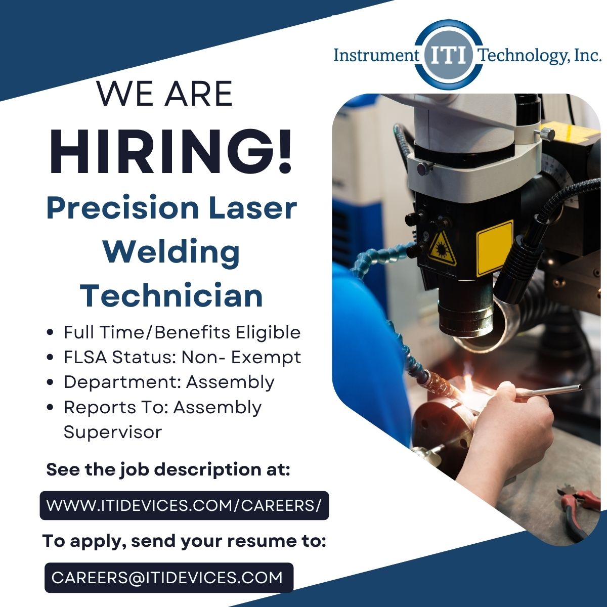 iti_devices's tweet photo. #hiring #ITI #careers
Precision Laser Welding Technician
See the Job Description at:
https://t.co/IH0w4n9ZHi

To apply, send your resume to:
careers@itidevices.com https://t.co/sE2t4GG1z7