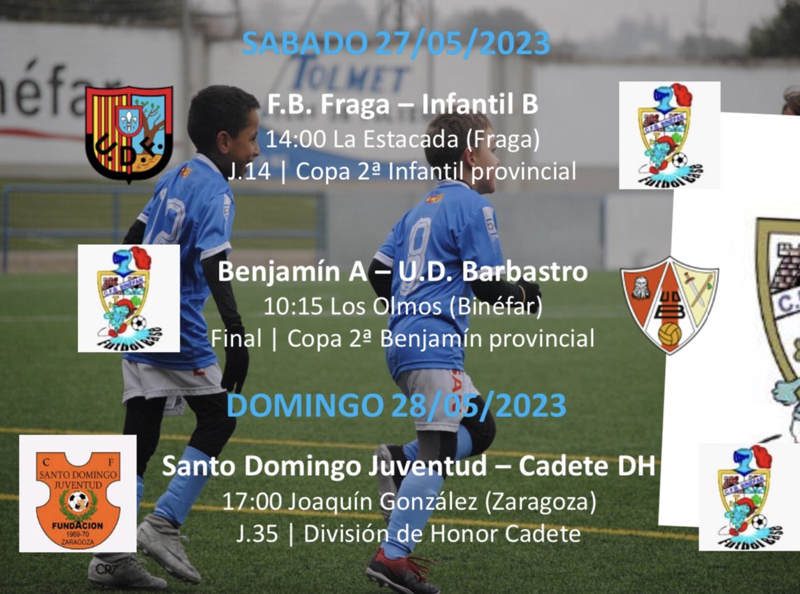 futbolbasebinef's tweet photo. La temporada llega a su fin…

Tan solo quedan tres equipos en competición!
Cadete DH - Un nuevo desplazamiento a Zaragoza para enfrentarnos al Santo domingo Juventud y continuar esta buena racha
Infantil B - Jornada 14 copera y última de esta espectacular temporada https://t.co/uAKMY4jDZS