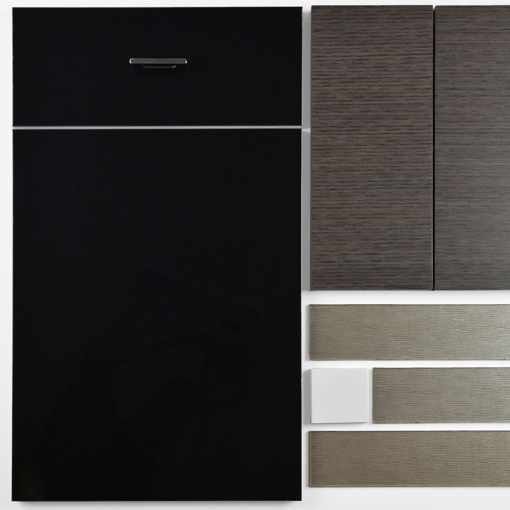durasupreme's tweet image. This #UltraModern #MoodBoard features #DuraSupreme Allura #CabinetDoor in the Black #Acrylic #Gloss finish paired with the Metro #VerticalGrain #DoorStyle in Natural Shale. Other products include @CambriaSurfaces White Hall, @TheTileShop Tile, and @BerensonHW Bravo Collection.