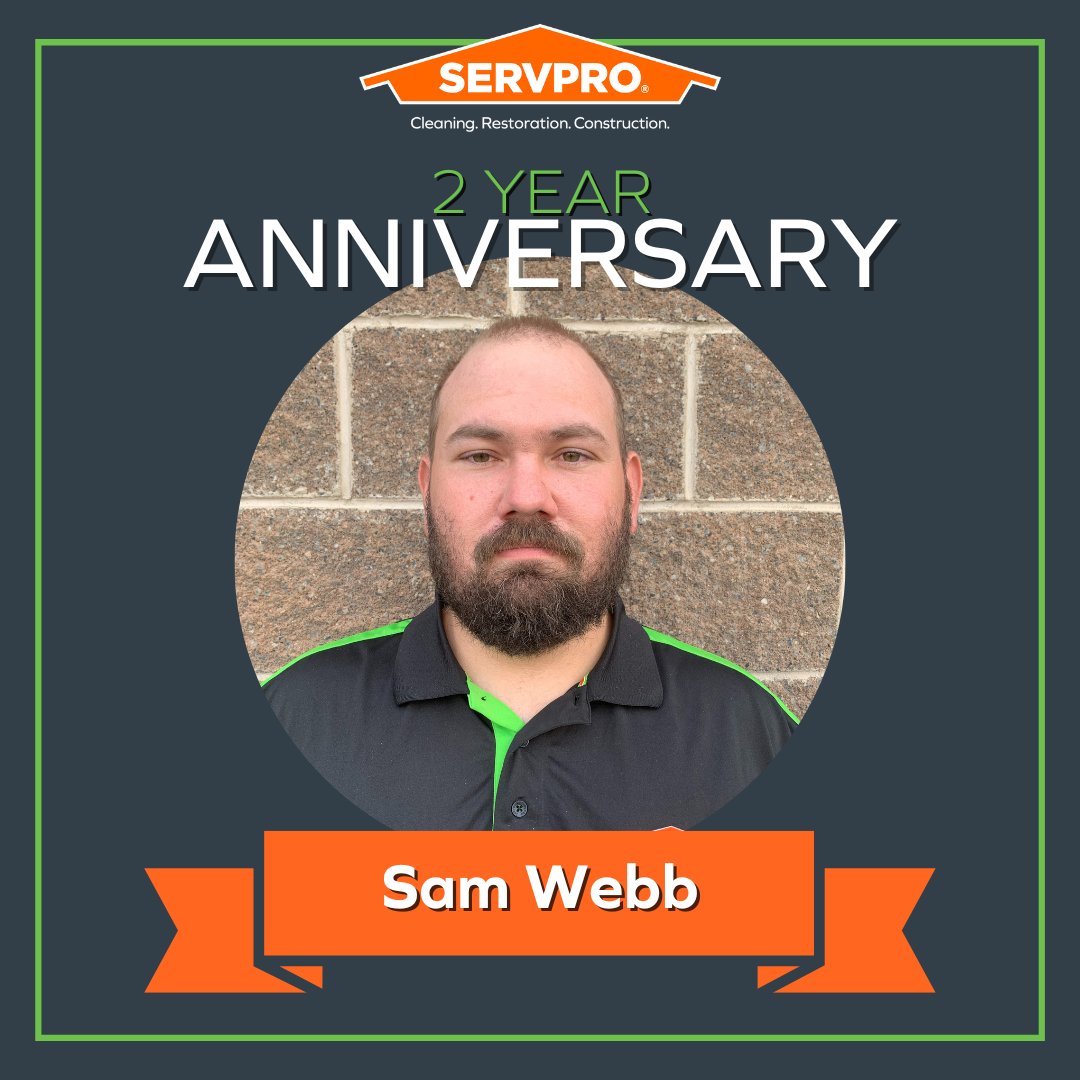 Celebrating a milestone with our own Sam Webb 🎉 Two years and counting, our crew chief has been a vital part of the Servpro team, bringing his expertise and dedication to every job 💪 Here's to many more years of success, Sam! 🎉