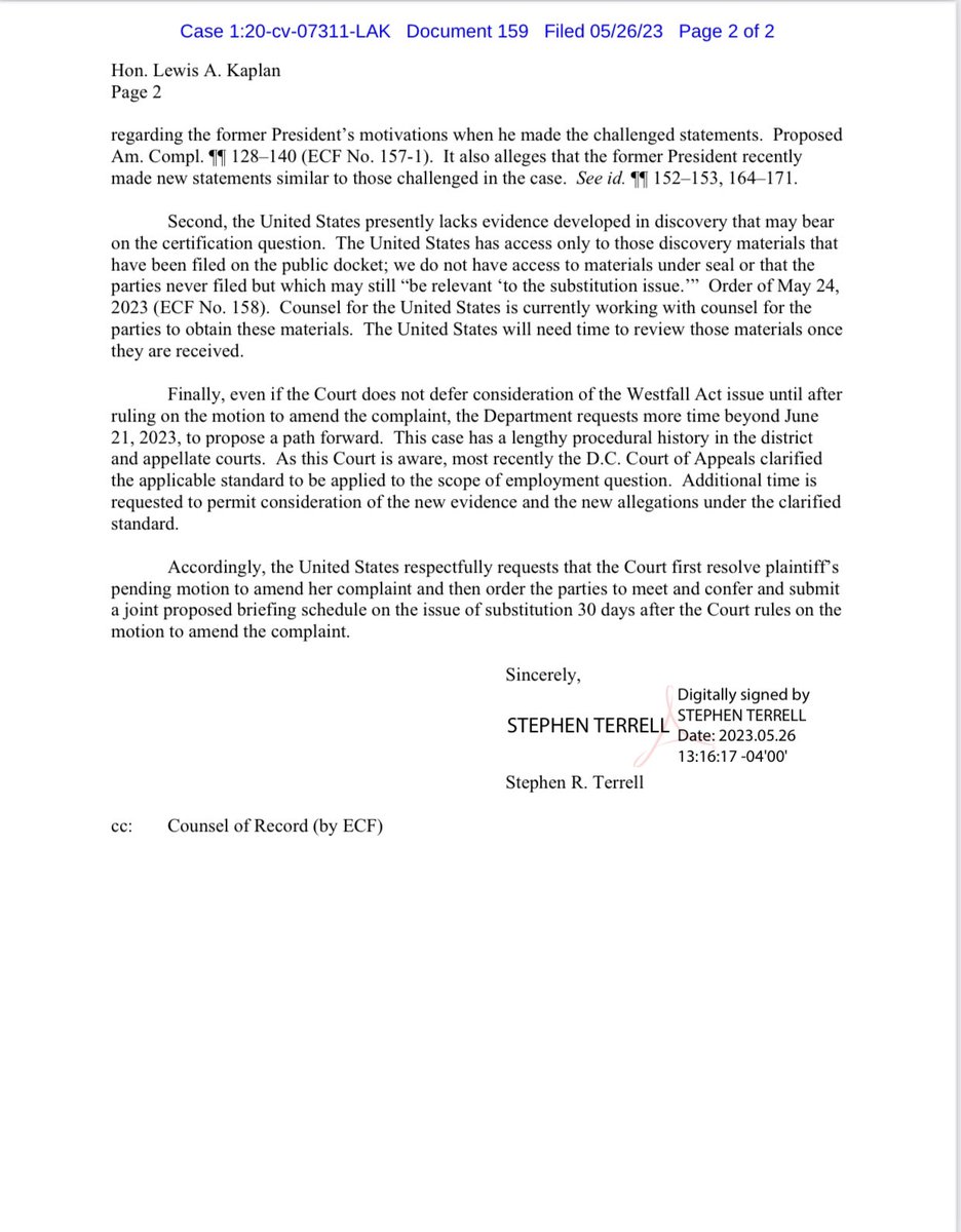 Donald Trump's legal battle heats up.

In response to the plaintiff's letter brief, the United States requests the court to resolve the motion to amend the complaint first. Then, allow 30 days for the joint proposed briefing schedule on the substitution issue. Citing Westfall… https://t.co/SWcJHcxYaZ 
