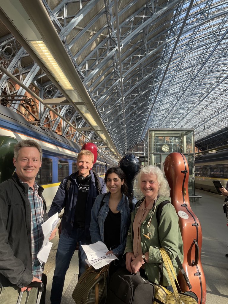 Four cellists & four colourful cases heading to Amsterdam on @Eurostar with @BrittenSinfonia and @Polyphony_UK for Faure’s Requiem, Poulenc, Part and Vasks @Concertgebouw  #PlayOn abroad