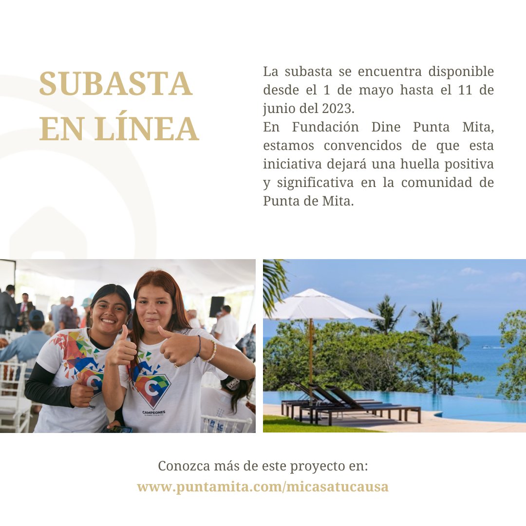 Fundación DINE Punta Mita (@fundaciondine) on Twitter photo El proyecto "Mi Causa, Tu Causa" de Punta Mita y Fundación Dine ha recibido un increíble apoyo con más de 40 propiedades en alquiler a través de una subasta en línea. Conozca más en: puntamita.com/micasatucausa/
<a href="/puntamitaMx/">Punta Mita</a> #bahiadebanderas #nayarit #puntamita El proyecto "Mi Causa, Tu Causa" de Punta Mita y Fundación Dine ha recibido un increíble apoyo con más de 40 propiedades en alquiler a través de una subasta en línea. Conozca más en: puntamita.com/micasatucausa/
<a href="/puntamitaMx/">Punta Mita</a> #bahiadebanderas #nayarit #puntamita