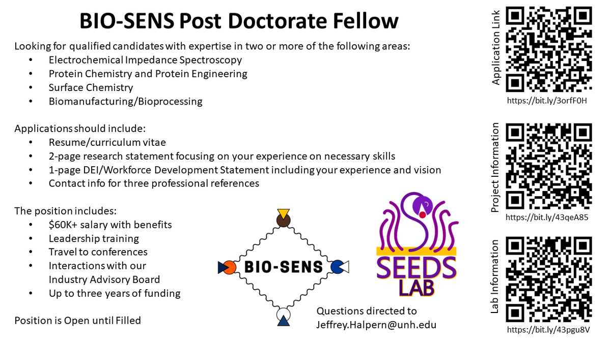 Want to do a PostDoc with me on the @BIOSENS_ Leadership team? Check out this flyer! I will be doing informal interviews at @ECSorg #ECS243 in Boston. DM me if you want to talk. RT and Share with your community. 
#AcademicChatter #AcademicTwitter #PostDoc #Chemjobs #phdlife