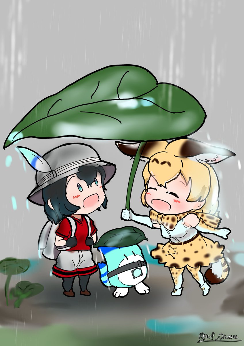 kaban (kemono friends) ,lucky beast (kemono friends) ,serval (kemono friends) multiple girls 2girls rain animal ears tail bag hat feather  illustration images