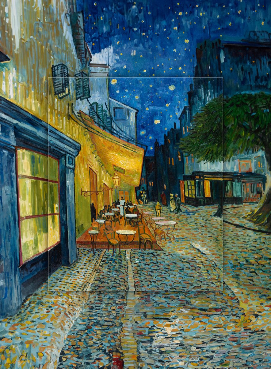 3. Van Gogh, Café Terrace at Night

Pretty much any Van Gogh is GREAT with AI: something about the distinctive brushstrokes get copied perfectly