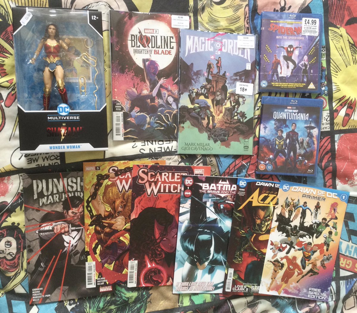 My haul that I bought from a recent trip to #Liverpool city centre! Two grab-bag #comic packs from @ForbiddenPlanet, two #Marvel #Bluray’s from @hmvLiverpool & some comics, a graphic novel and a @GalGadot #WonderWoman action figure from @WorldsApart_Liv! 😉