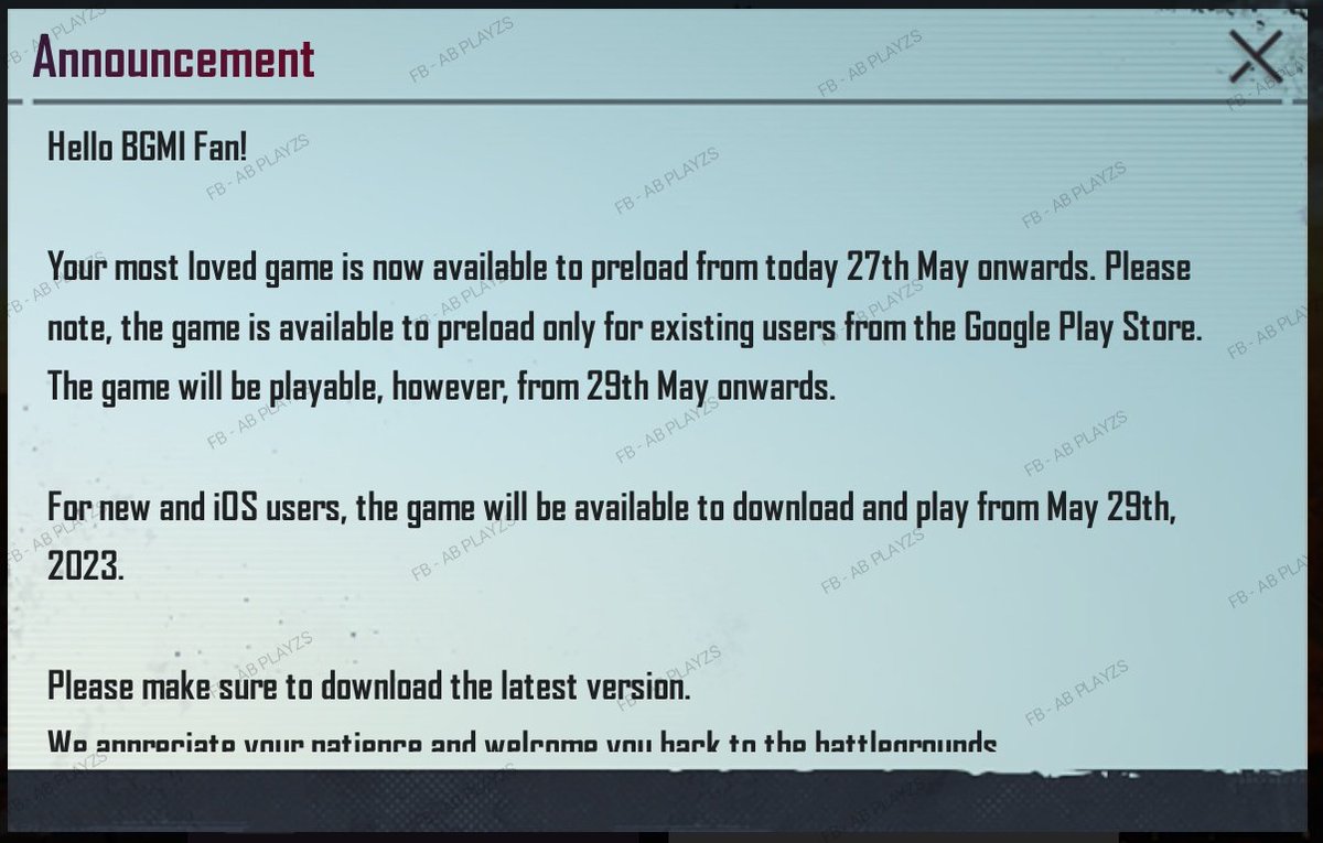 AbPlayzs's tweet photo. Finally BGMI comes today for Android 27may iOS 29may
Follow for more updates - @abplayzs
.
.
.
@battlegroundsmobilein_official
#BGMI  #IndiaKiHeartbeat
#bgmiunban #abplayzs
#emotion #emotionisback
#indiakabattlegrounds #getback
#bgmiback #kraftonindia #bgmiesports #esportindia https://t.co/3zq5LOL9pn