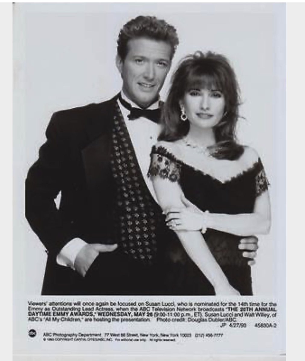 30 years ago today, #SusanLucci and #WaltWilley hosted the Daytime Emmy Awards. Susan was nominated for Outstanding Lead Actress for the 14th time, but lost to Linda Dano from “Another World.” #AllMyChildren