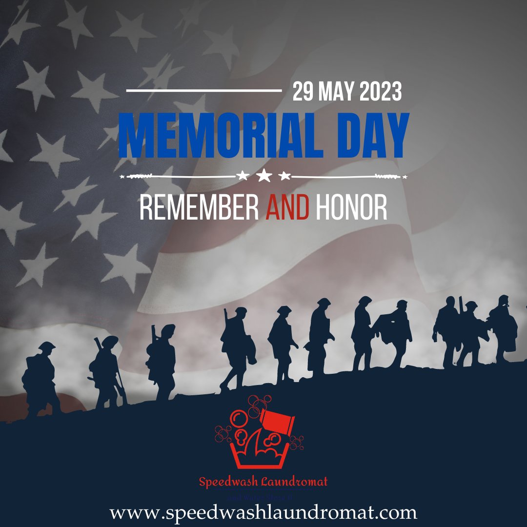 Remember & Honor. 🇺🇸
#MemorialDay:  Monday, May 29, 2023.  
 
🇺🇸🇺🇸 Thank you for your service. 🇺🇸🇺🇸
 
#Speedwash #Laundromat 
📍 1708 West Chapman Ave, #Orange #CA

🕔Open Daily 5AM - 11PM
⚠Last Wash at 9:30PM

🌐 speedwashlaundromat.com

#laundryservice #laundry #fluffandfold