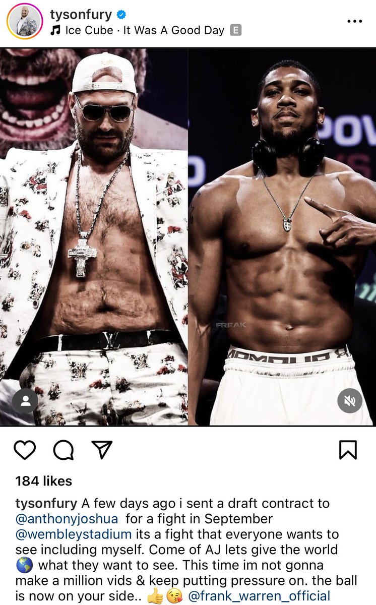 ringmagazine's tweet photo. ‼️ Tyson Fury CONFIRMS that he's back in talks to fight Anthony Joshua and has now sent a draft contract to AJ for a fight in September at Wembley: "This time I'm not gonna make a million vids and keep putting pressure on. Come on AJ, let's give the world what they want to see." https://t.co/9lg4KxDYrB