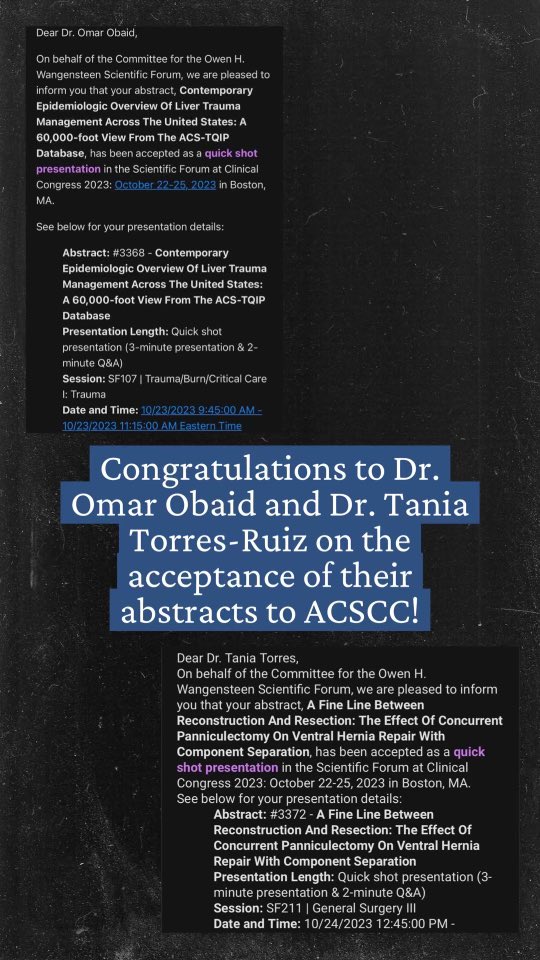 Many congratulations to Dr Tania Torres-Ruiz, research resident, and Dr Omar Obaid, PGY-1 for getting their abstracts accepted at the 2023 ACS Clinical Congress! Excited to see you represent us at the biggest surgical conference!
#ACSCC2023
#RocketSurgery