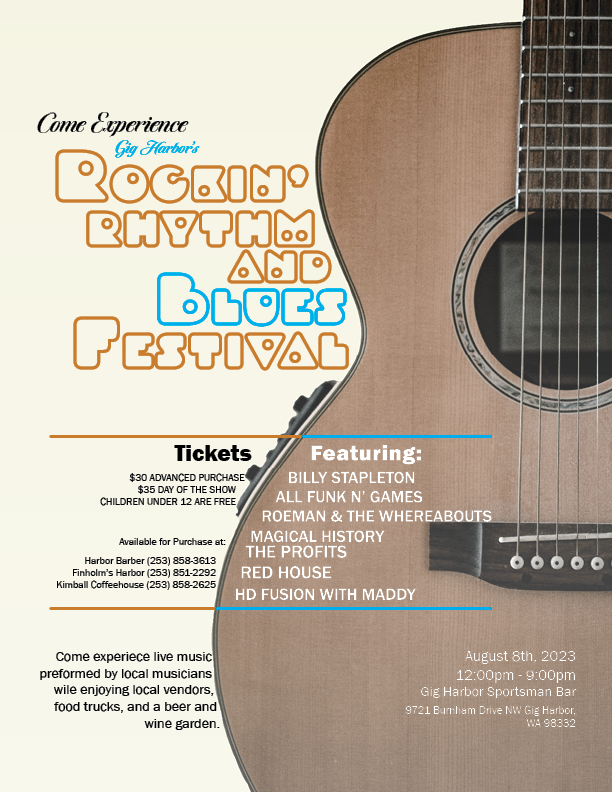 BryceDull's tweet photo. The Gig Harbor Rockin' Rhythm and Blues festival is coming up! The event takes place August 8th, 12pm-9pm. #MurrowUGLife #com210 #flyer https://t.co/jiqVhPvHTp