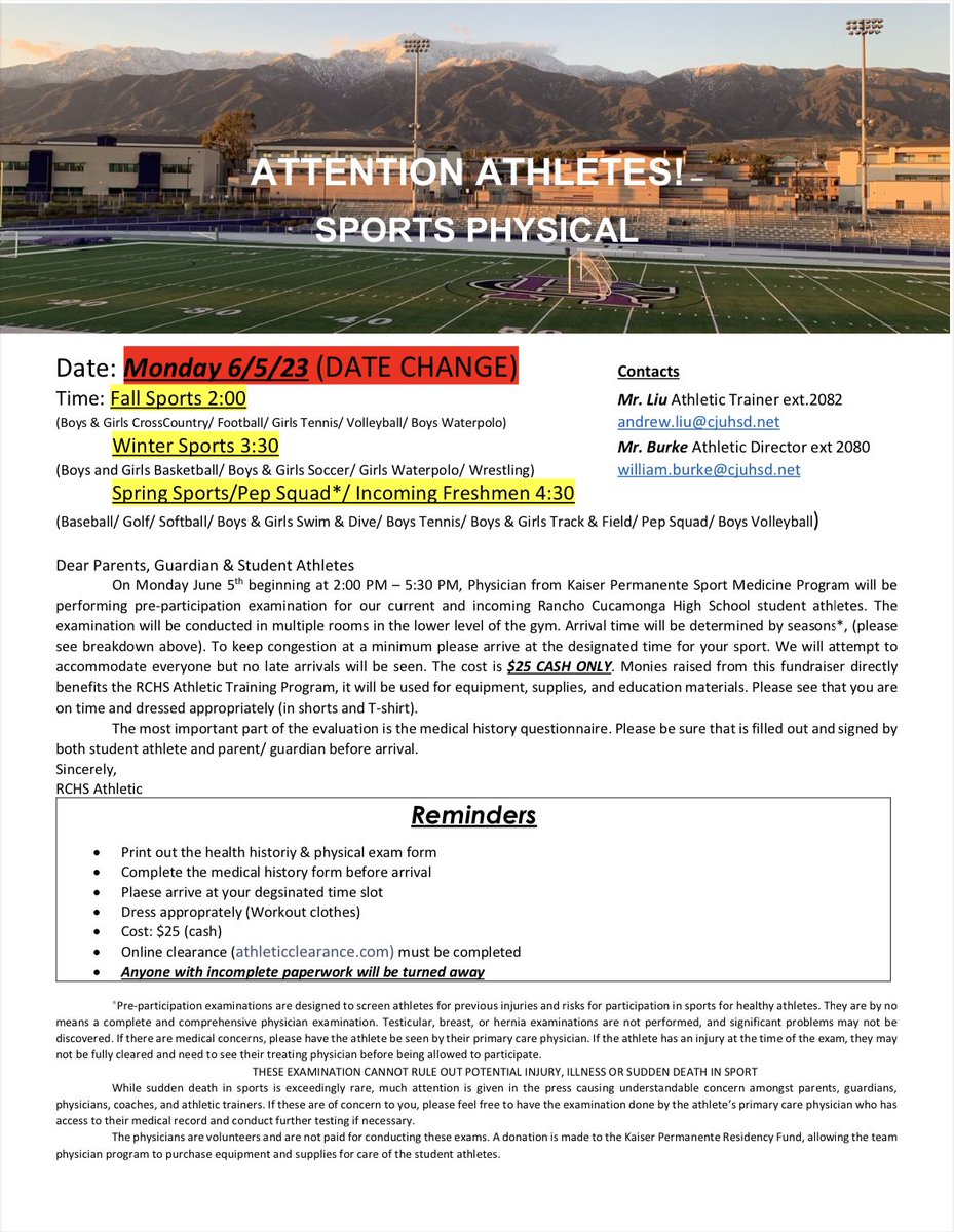 Due to circumstances beyond our control the date of our physical has been changed to Monday June 5th. Please note the change. Thank You understanding, we look forward to seeing you there. Sincerely RCHS Athletic Training <a href="/sports_rchs/">RCHS Sports</a> 
<a href="/RanchoHSCougars/">Principal Aikens</a> 
<a href="/Berwick_RCHS/">Dr. Berwick</a>
