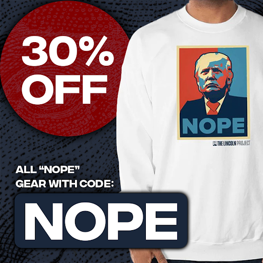 ProjectLincoln's tweet photo. TNN is in the bag for Trump. But you’re not. Make sure you wear your rejection of Trump proudly on your chest!

Use code NOPE for 30% off all Trump NOPE items in the store! https://t.co/TxLmFUu9hG https://t.co/EIXAC7Sutq