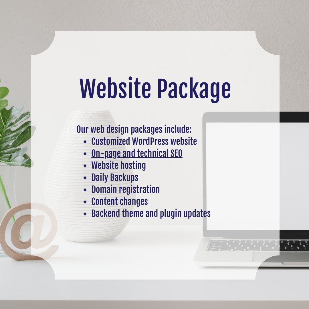 Our web design packages include:

☑️Customized WordPress website
☑️On-page and technical SEO
☑️Website hosting
☑️Daily Backups
☑️Domain registration
☑️Content changes
☑️Backend theme and plugin updates

Contact us today!
-
#websitedesign #webdesign  #webdesigner ...