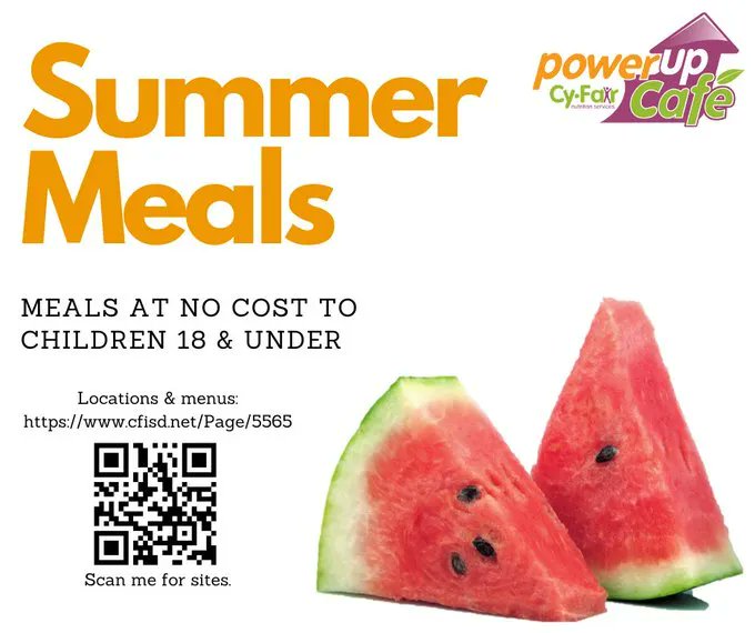 The @PowerUpCafe is offering summer meals at several campuses this summer - visit the website for locations and service times. cfisd.net/Page/5565 #CFISDforAll #CFISDspirit