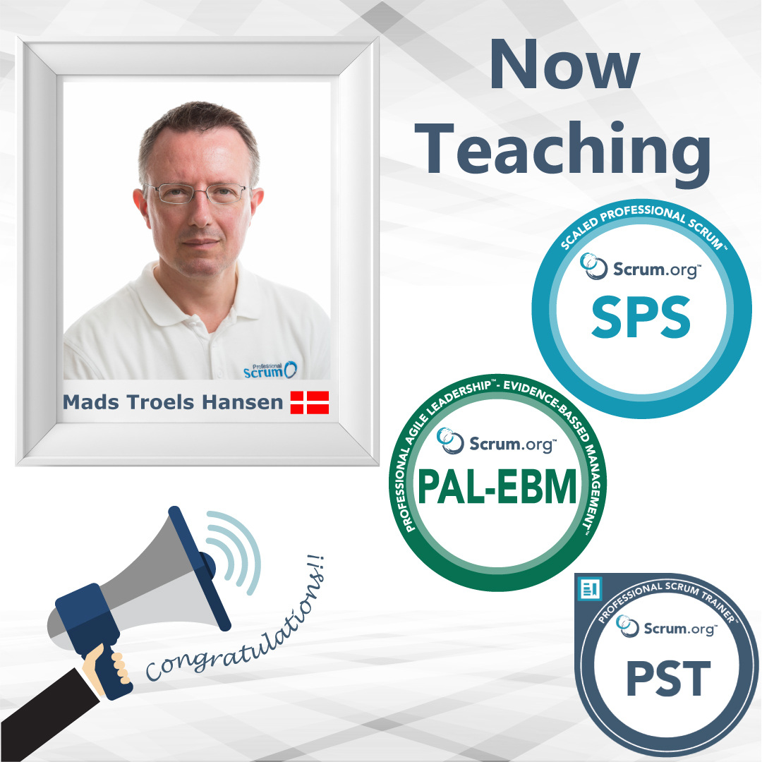 Congratulations to PST, Mads Troels Hansen, on earning his license to teach the SPS and PAL-EBM training courses in addition to the others he teaches. Learn more about Mads at scrum.org/mads-troels-ha… #Scrum <a href="/madsth/">Mads Troels Hansen</a>