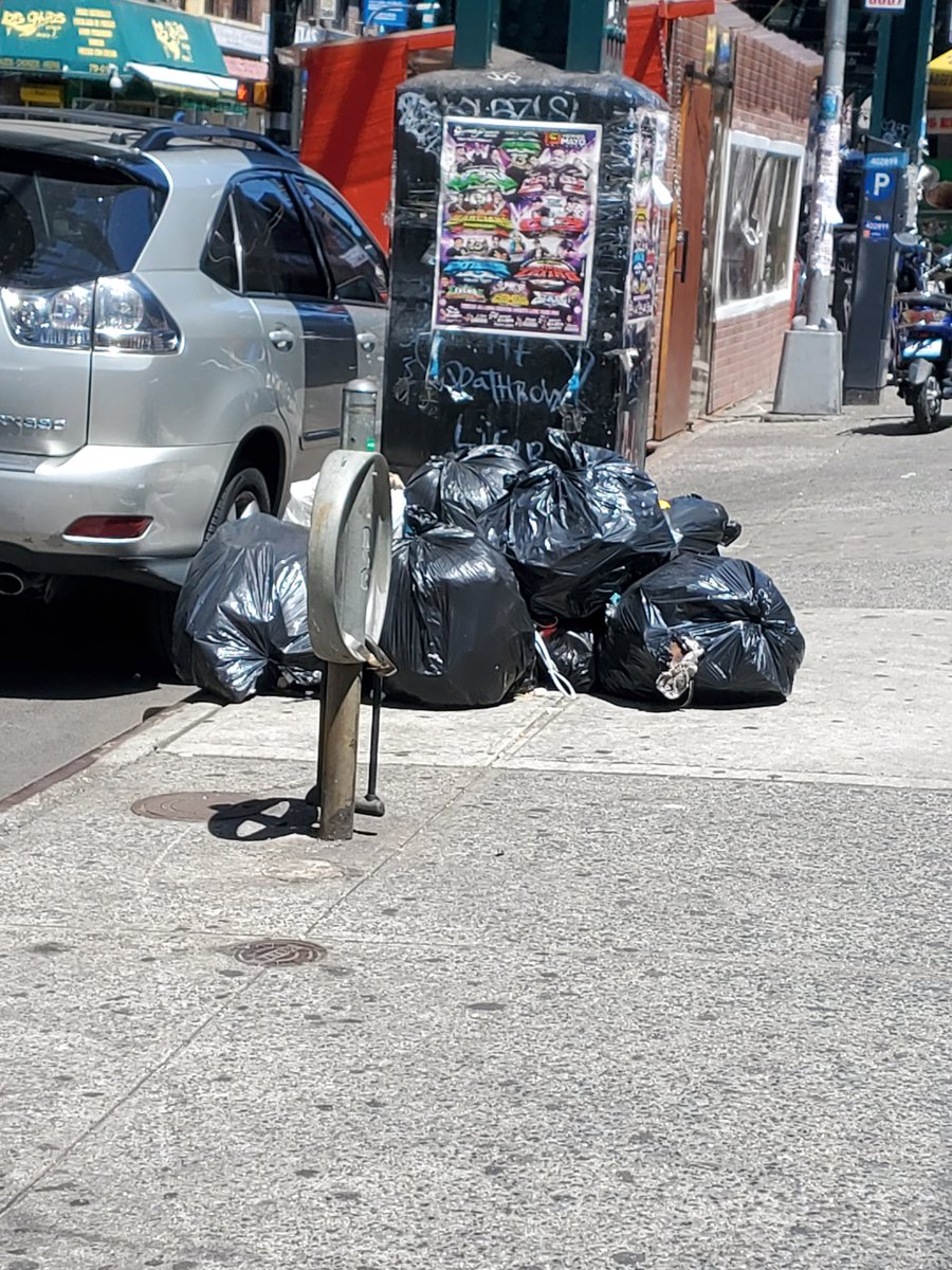 The garbage heaps of @NYCCouncil @voteshekar and @CMFranciscoMoya districts and the @82ndStQueens . Plus @NYCParks trash heap left for @NYCSanitation . #SeenIn13 #JacksonHeights where prostitutes proposition 24 year olds at 8am. @MTA provide a bus and cops while #82nd is closed.