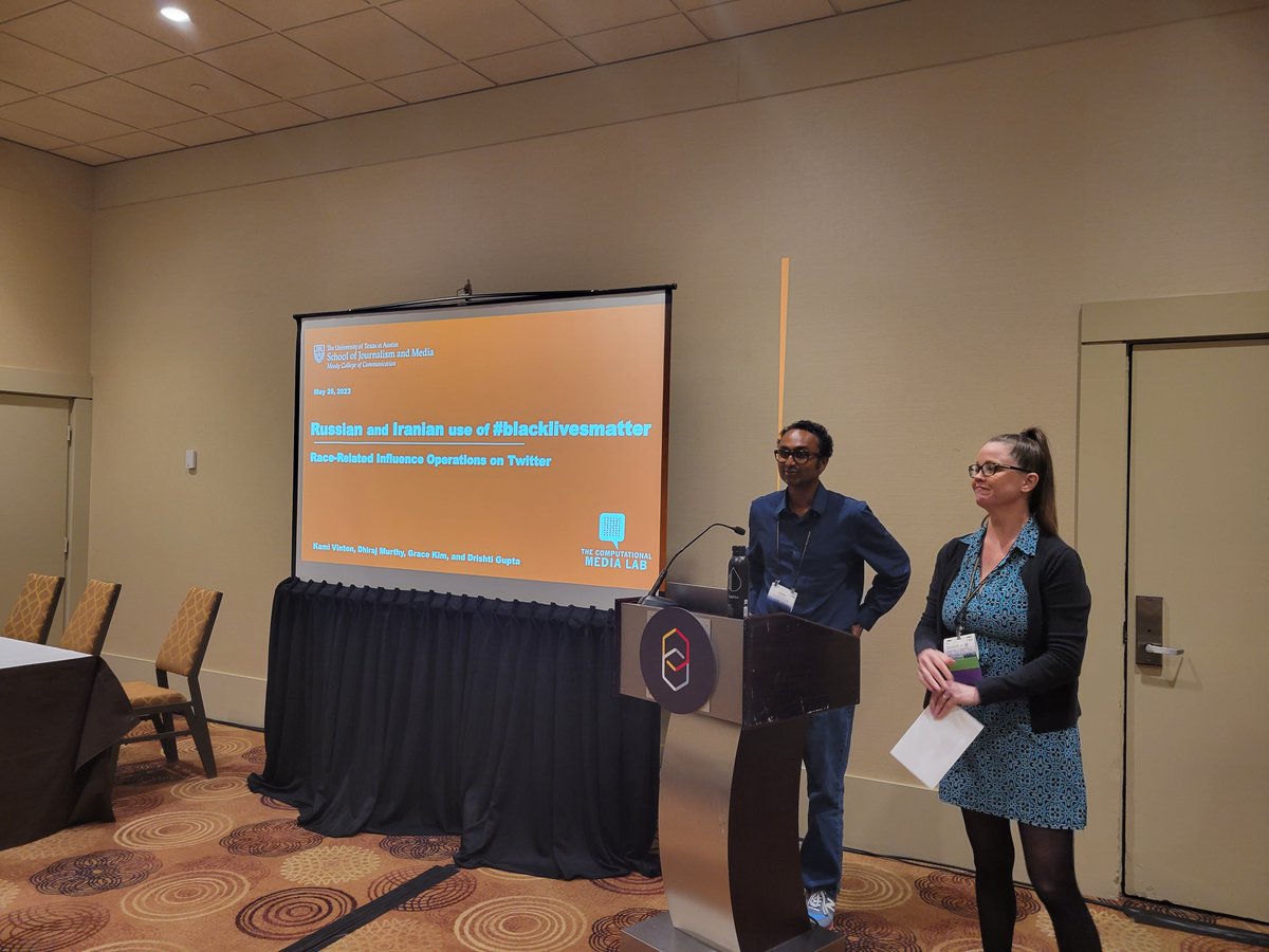 We're at Kent room, starting with one of our top papers 'The Use of #blacklivesmatter in Russian and Iranian Race-Related Influence Operations on Twitter' by Kami Vinton; Dhiraj Murthy; Grace Kim; Drishti Gupta #ICA23 🎊