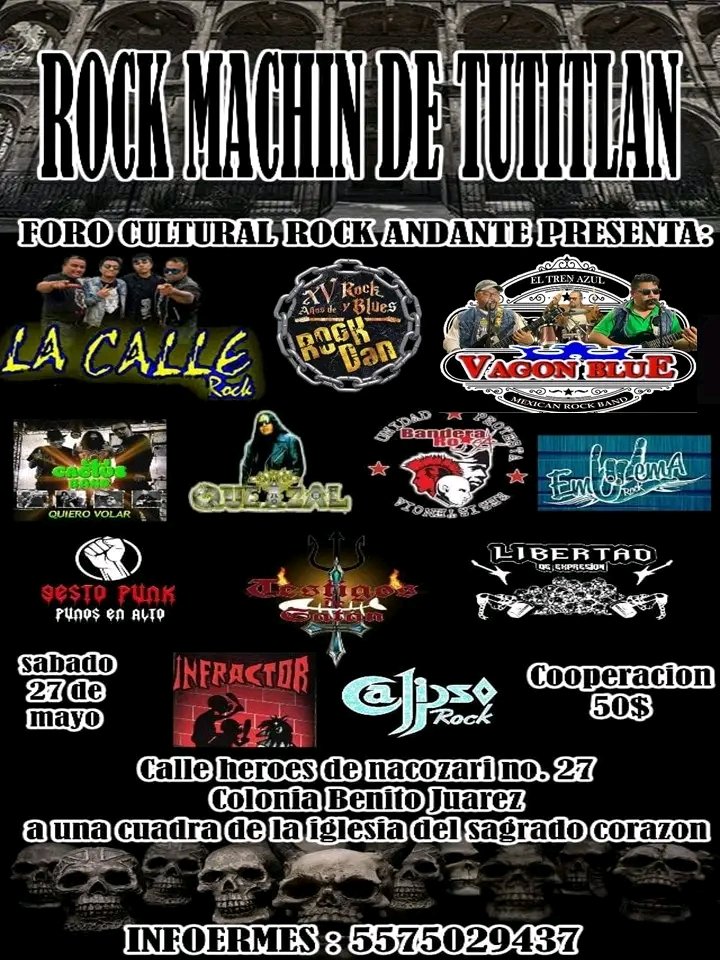 Rock_Urbano's tweet photo. 27 de Mayo 2023 / Sagrado Corazon / Benito Juarez Tultitlán / 3PM
ROCK MACHIN DE TULTITLÁN
#LaCalleRock
#VagonBlue
#RockDan
#Cactus
#Quetzal
#EmblemaRock
Y más
#TocadaTultitlán #TocadasRockUrbano #TocadaABeneficio #RockUrbano #RockNacional #RockMexicano #Rock #Punk #Tultitlán https://t.co/b8lQ7ojHQl