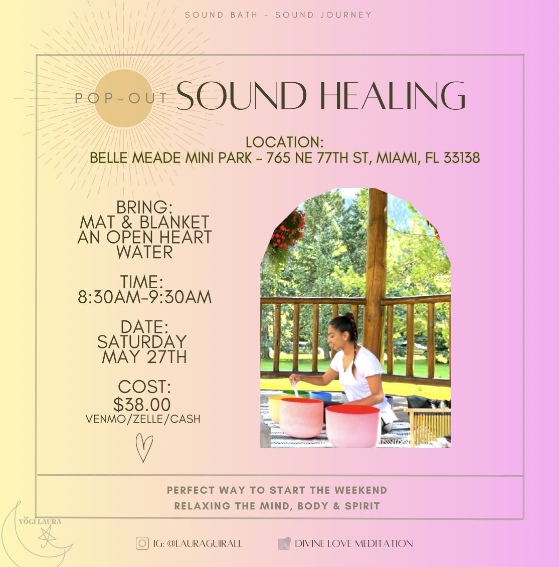 Inviting all neighborhood communities to this pop-out class tomorrow morning! 

Outdoor group sound healing session!
 
Perfect way to start the weekend - Relaxing the mind, body &amp; spirit 🔊💖

DM / message me if you’re coming! 

#maymentalhealthmonth #MHMA2023 #soundhealing