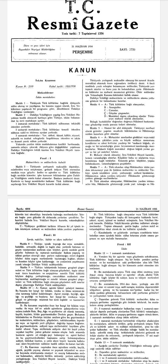 1-Atatürk'ün mülteci politikası :

📌Türk soylu olmayanlar istedikleri yere yerleşemez

📌Anadili Türkçe olmayanlar müstakil mahalle kuramaz, işçi ve sanatçı kümesi oluşturamaz

📌Ecnebilerin bir belediyedeki nüfusu %10'u geçemez.

Resmi Gazete 21/06/1934
resmigazete.gov.tr/arsiv/2733.pdf