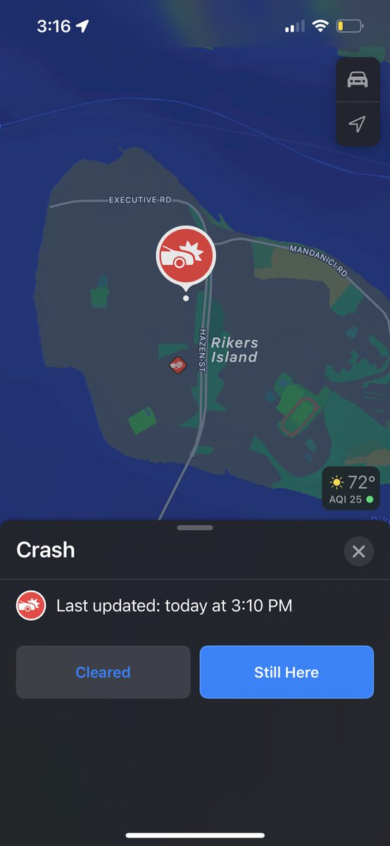 LCarmodyy's tweet photo. Thank you Apple Maps for letting me know there was a crash on rikers island. This will make my commute much easier. https://t.co/GpMTnRYjuD