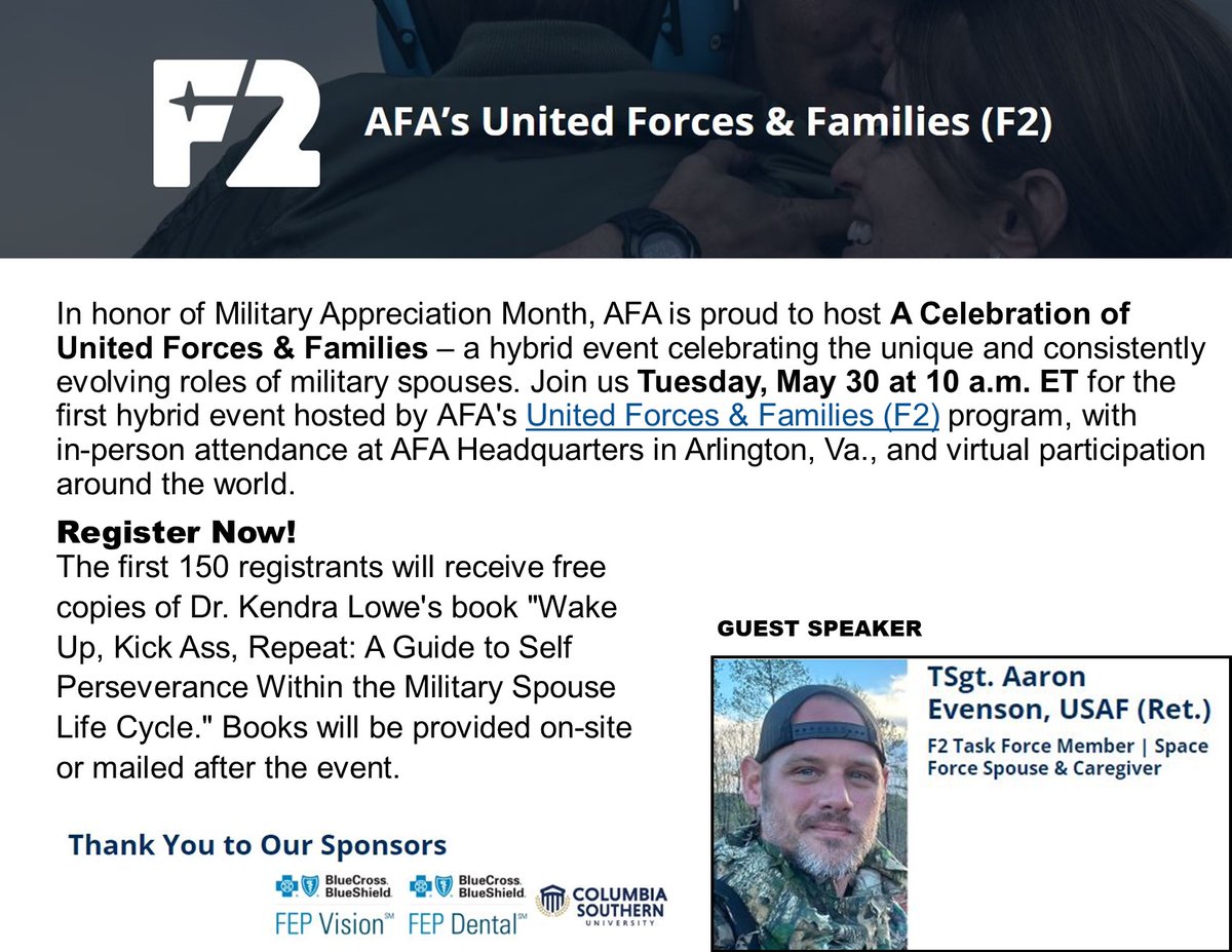 @AFA_Air_Space   United Forces Families Program is hosting a hybrid event on Tuesday, May 30th at 10:00 a.m. ET featuring testimony from AFW2 Caregiver Aaron Evenson about his families experience with AFA. Click here for more info.
afa.org/events/celebra…