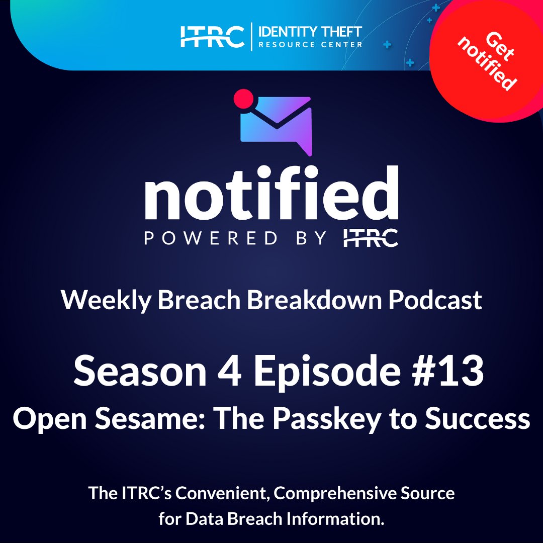 ITRCCEO's tweet photo. Happy Friday everyone! We're back with another new episode of the #WeeklyBreachBreakdown podcast! This week, our very own Communications Leader discusses the importance of strong passwords, passphrases and passkey protection. Check it out! #IDTheftCenter
https://t.co/uGSmS1VCta https://t.co/sk1QLl5O5O