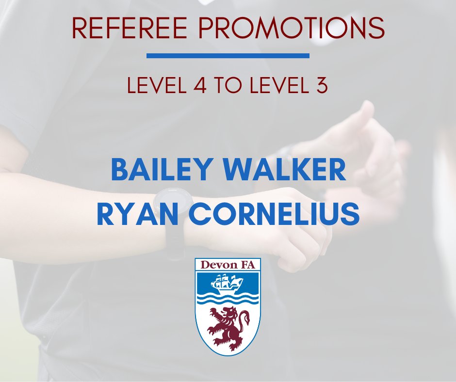 Well done to Bailey Walker and Ryan Cornelius who have achieved promotion from Level 4 to Level 3! 🙌

#DevonFootball