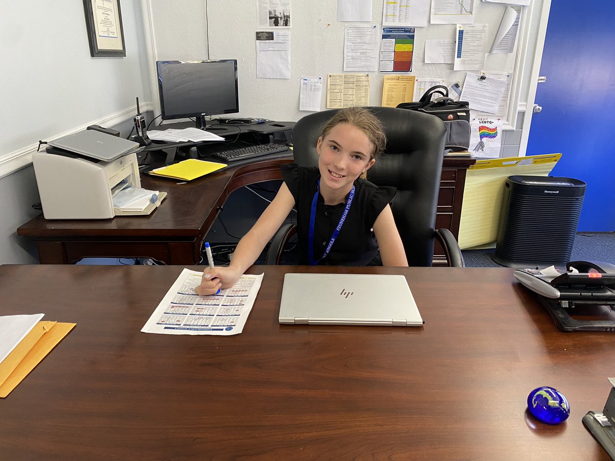 StonehamSuper's tweet photo. Welcome Superintendent of the day Chloe!  Hard at work hiring, making lunch, and sending end of year message! https://t.co/YuYrmvrwZd