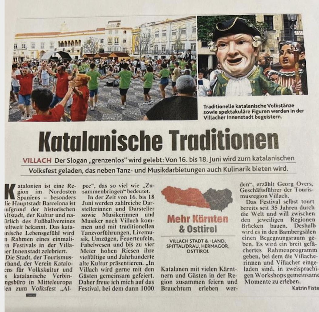 Catalonia_AT's tweet image. Avui a @krone_at 📰👇 
Esperem poder donar-vos la benvinguda a l' #AplecInternational2023 @Adifolk_oficial !👏 

📰16 - 18 de juny, @StadtVillach 

Un cap de setmana sencer amb #espectacles, #música, #cuina i tast de #vins 

📌Info i programa: exteriors.gencat.cat/aplec-de