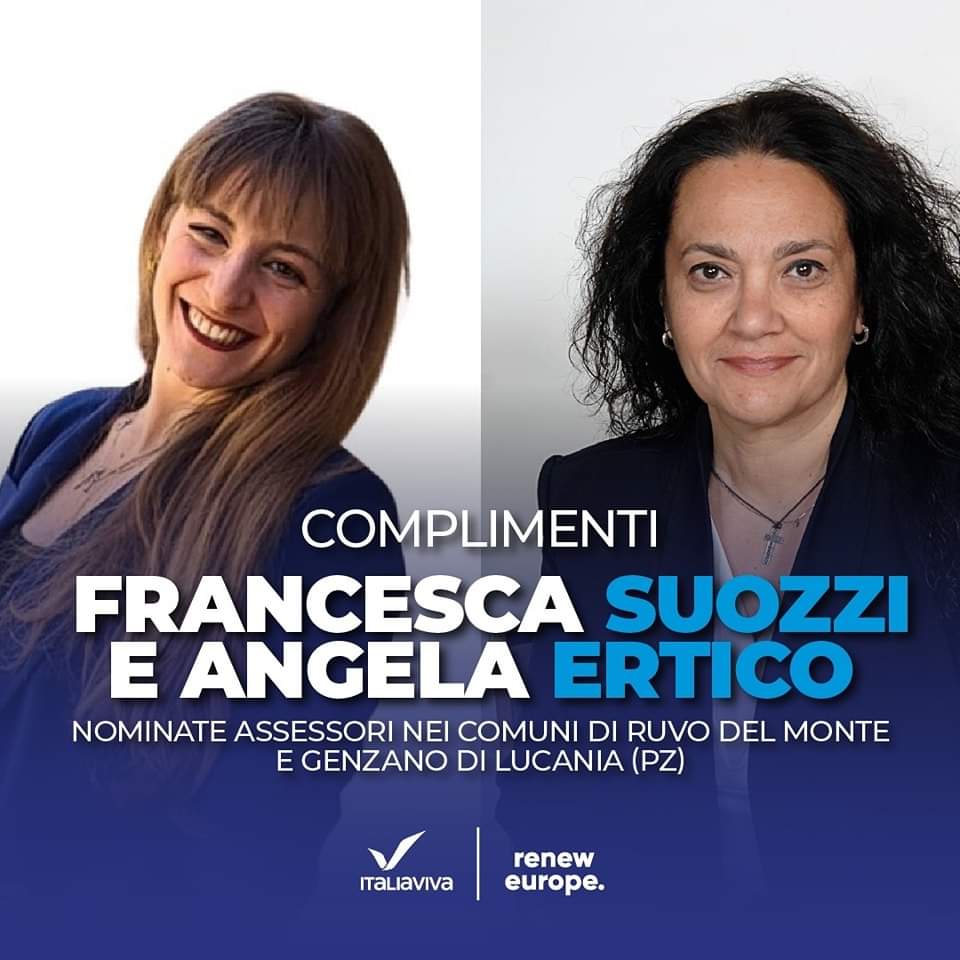 Complimenti a Angela Ertico nominata Assessore alle attività produttive, ambiente ed energia del Comune di Genzano di Lucania (Pz), e a Francesca Suozzi, scelta come  Assessore ai lavori pubblici, agricoltura e politiche sociali per il Comune di  Ruvo del Monte (Pz).

A loro un