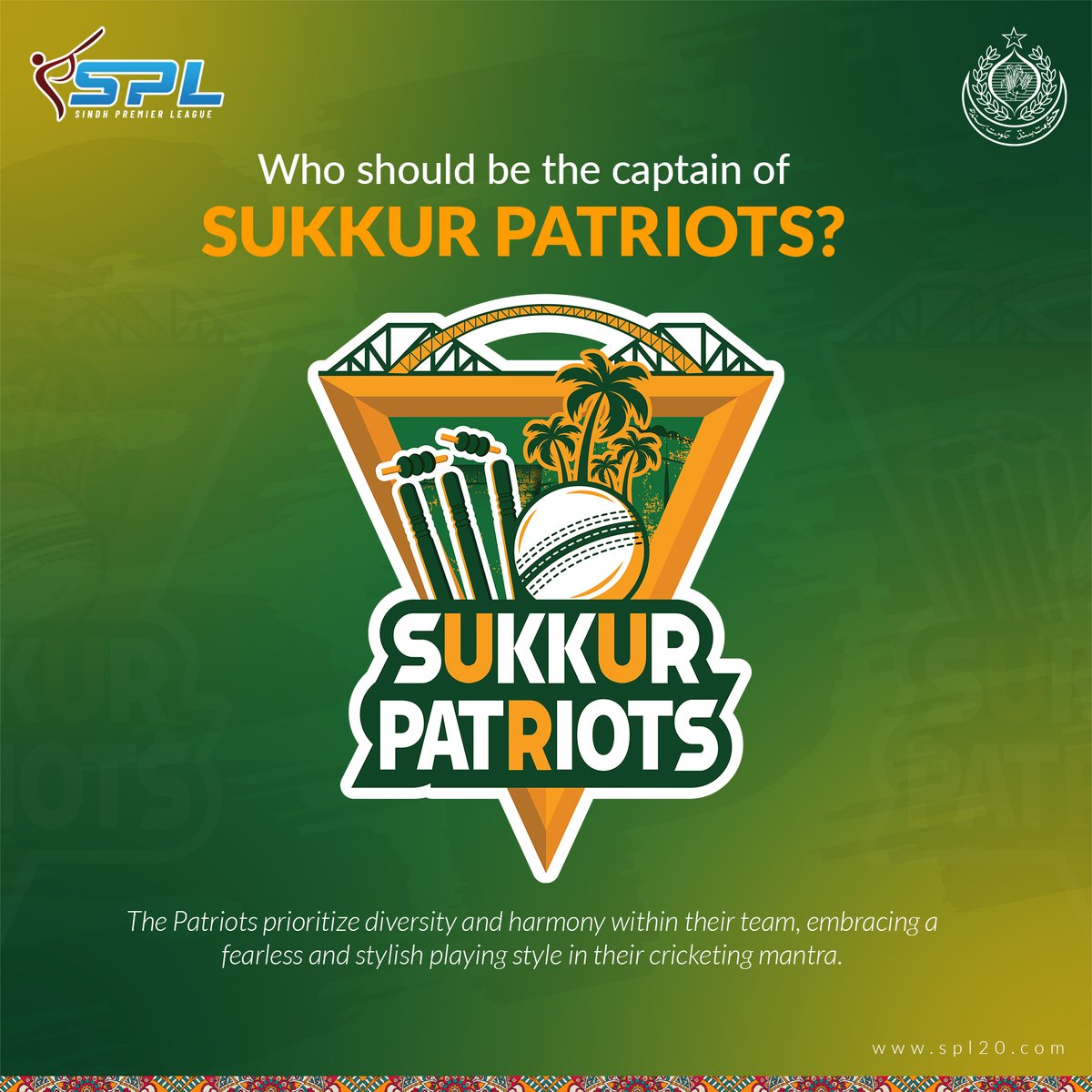 The time has come to unite and choose the leader who will lead our beloved team to victory. 🏏✨

#SukkurPatriots #LeadershipMatters #UniteForGlory #CricketPassion #spl #T20 #Sindh #abkhelaysindh #SindhPremierLeague