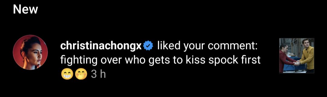 IDK IF I HAVE MUTUALS WHO CARE ABOUT STAR TREK STRANGE NEW WORLDS BUT OH MY GOD CHRISTINA CHONG (WHO PLAYS LA'AN NOONIEN-SINGH IN SNW) LIKED MY COMMENT ON HER POST TO COMPLETE THE SENTENCE: 'LA'AN AND KIRK ARE' AND I WROTE 'FIGHTING OVER WHO GETS TO KISS SPOCK FIRST' LMAO HELP