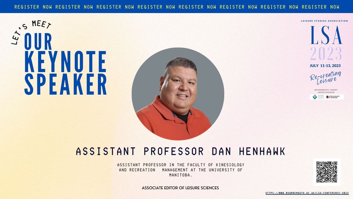 🎉 Introducing our final keynote speaker, Dr Dan Henhawk🔥 

His research revolves around Western conceptualizations, and practices, of leisure and Indigenous ways of knowing and being. 

Join us to hear more⬇️

bournemouth.ac.uk/research/centr…

#LSAxBU #Leisure #Indigenous #Conference