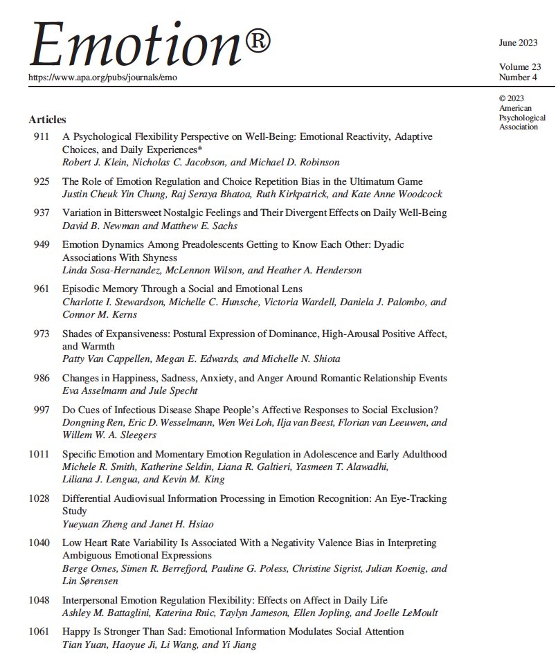 Check out the June issue of Emotion for articles on psychological flexibility, interpersonal emotion regulation, nostalgia, heart rate variability, prosociality, distress intolerance, depression and more. psycnet.apa.org/PsycARTICLES/j…